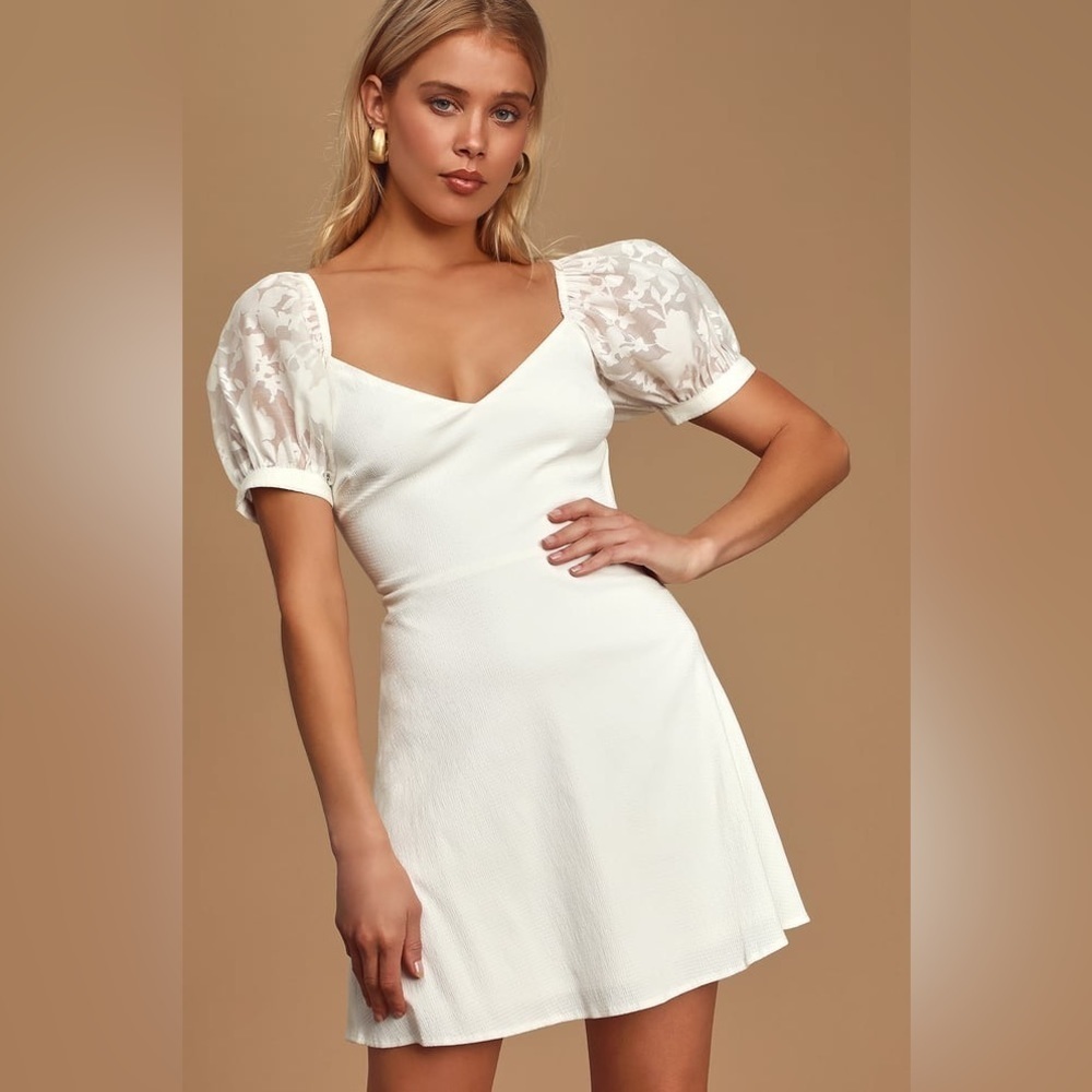 Lulus Turn On The Charm White Puff Sleeve Mini Dress